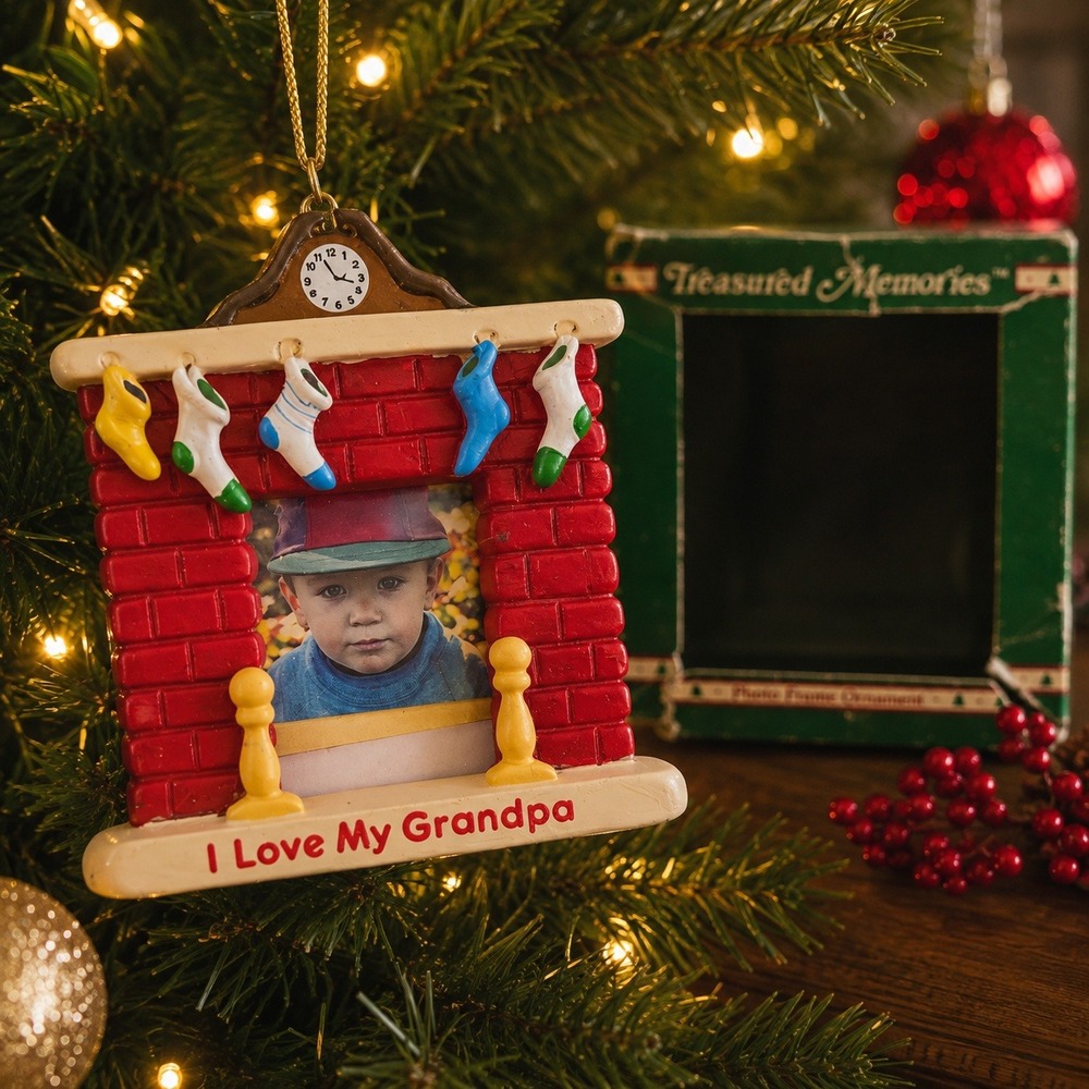 Vintage Russ Berrie I Love My Grandpa Christmas Photo Frame Ornament Boxed